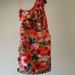 Floral Dress. One shoulder, pockets, tapered waist